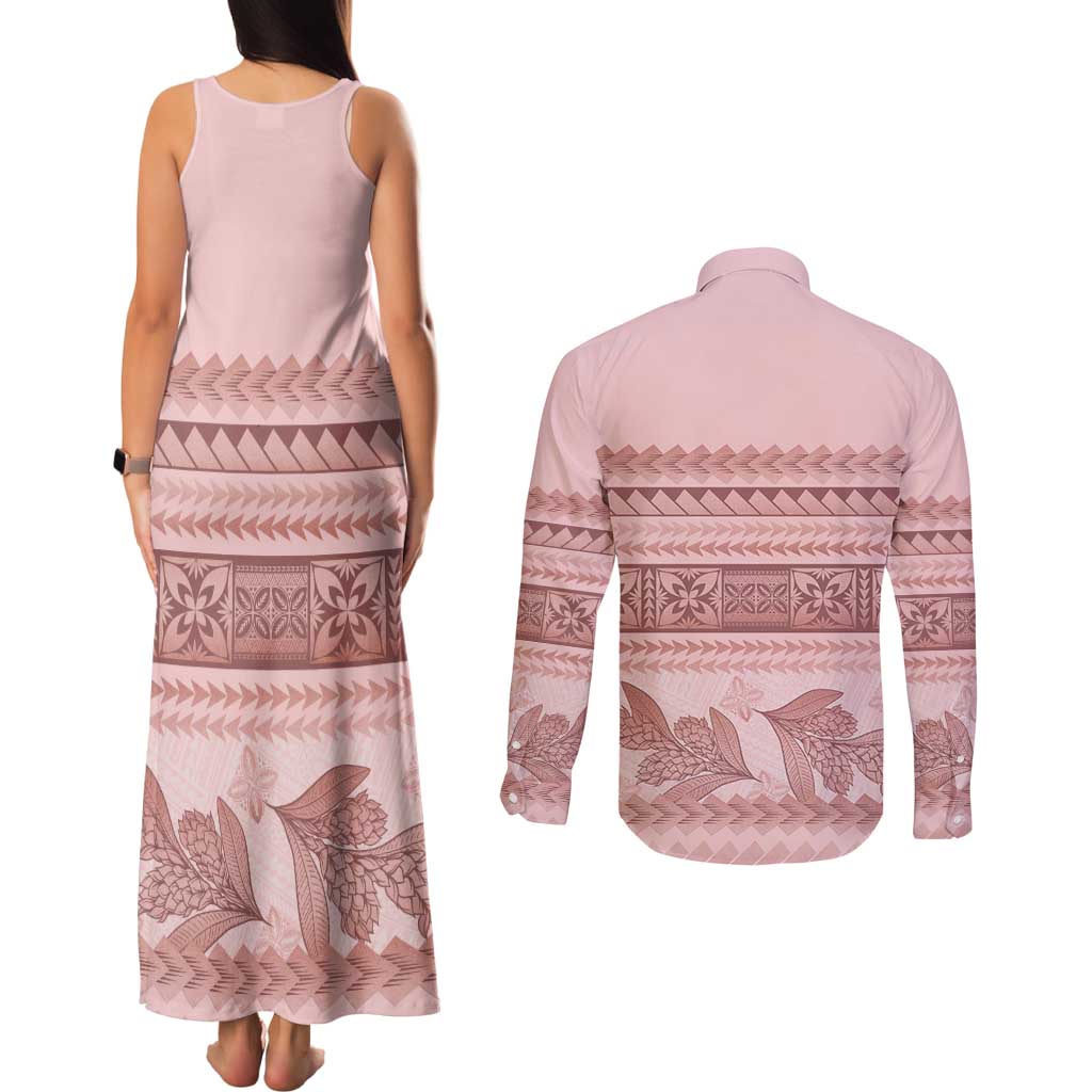 Pastel Pink Samoa Siapo Teuila Flowers Couples Matching Tank Maxi Dress and Long Sleeve Button Shirt - Polynesian Pride