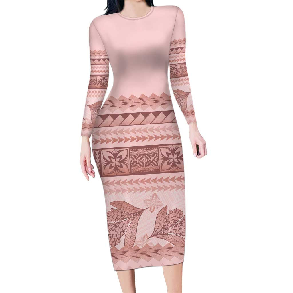 Pastel Pink Samoa Siapo Teuila Flowers Family Matching Long Sleeve Bodycon Dress and Hawaiian Shirt - Polynesian Pride