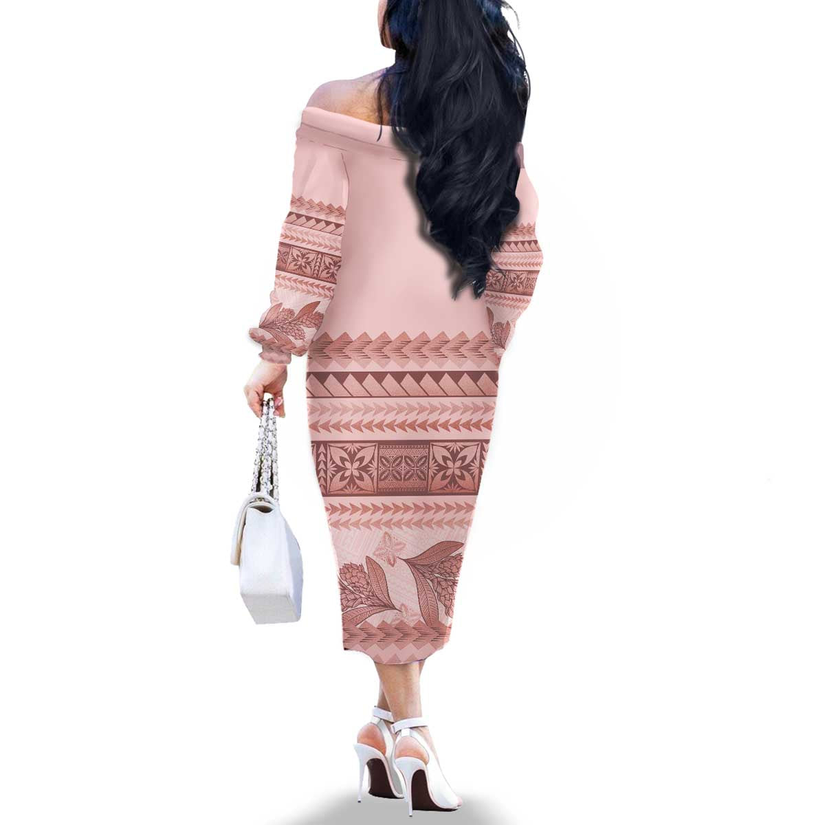 Pastel Pink Samoa Siapo Teuila Flowers Family Matching Off The Shoulder Long Sleeve Dress and Hawaiian Shirt - Polynesian Pride