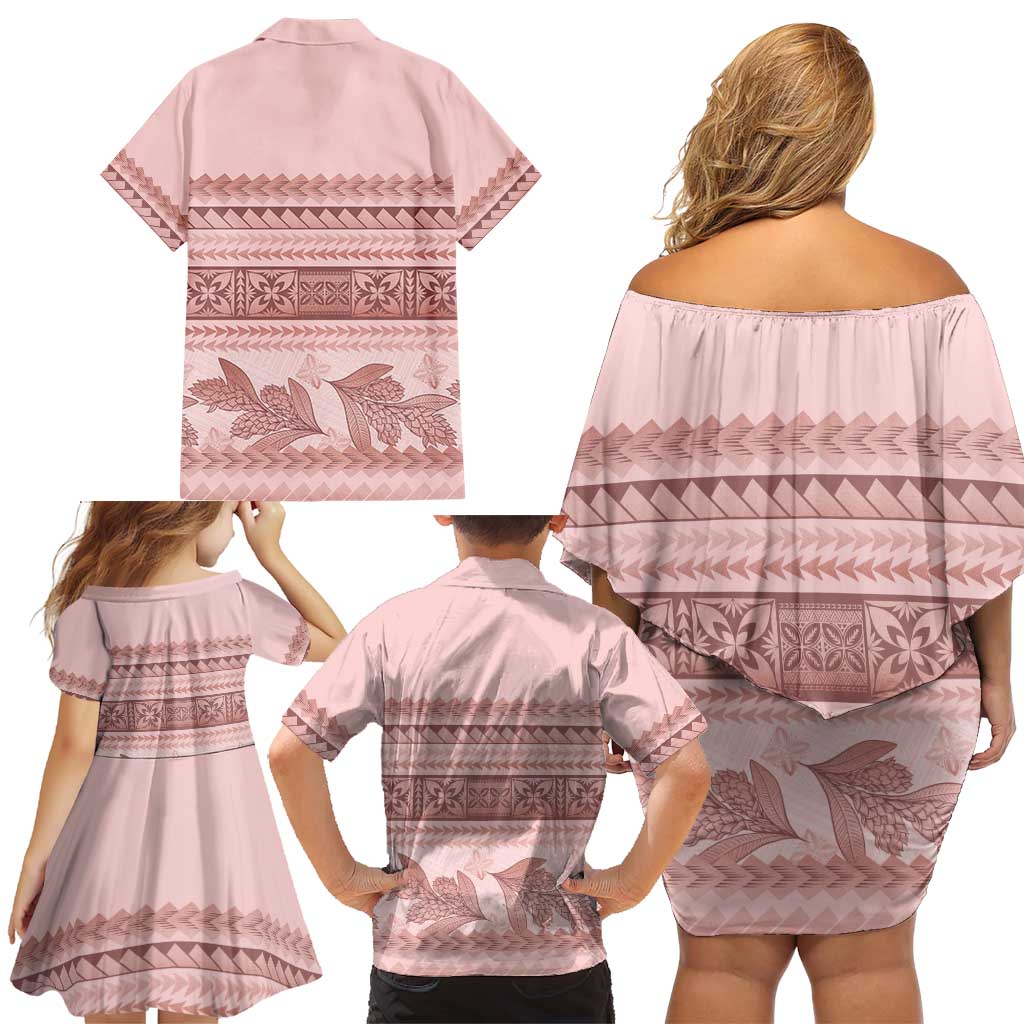 Pastel Pink Samoa Siapo Teuila Flowers Family Matching Off Shoulder Short Dress and Hawaiian Shirt - Polynesian Pride