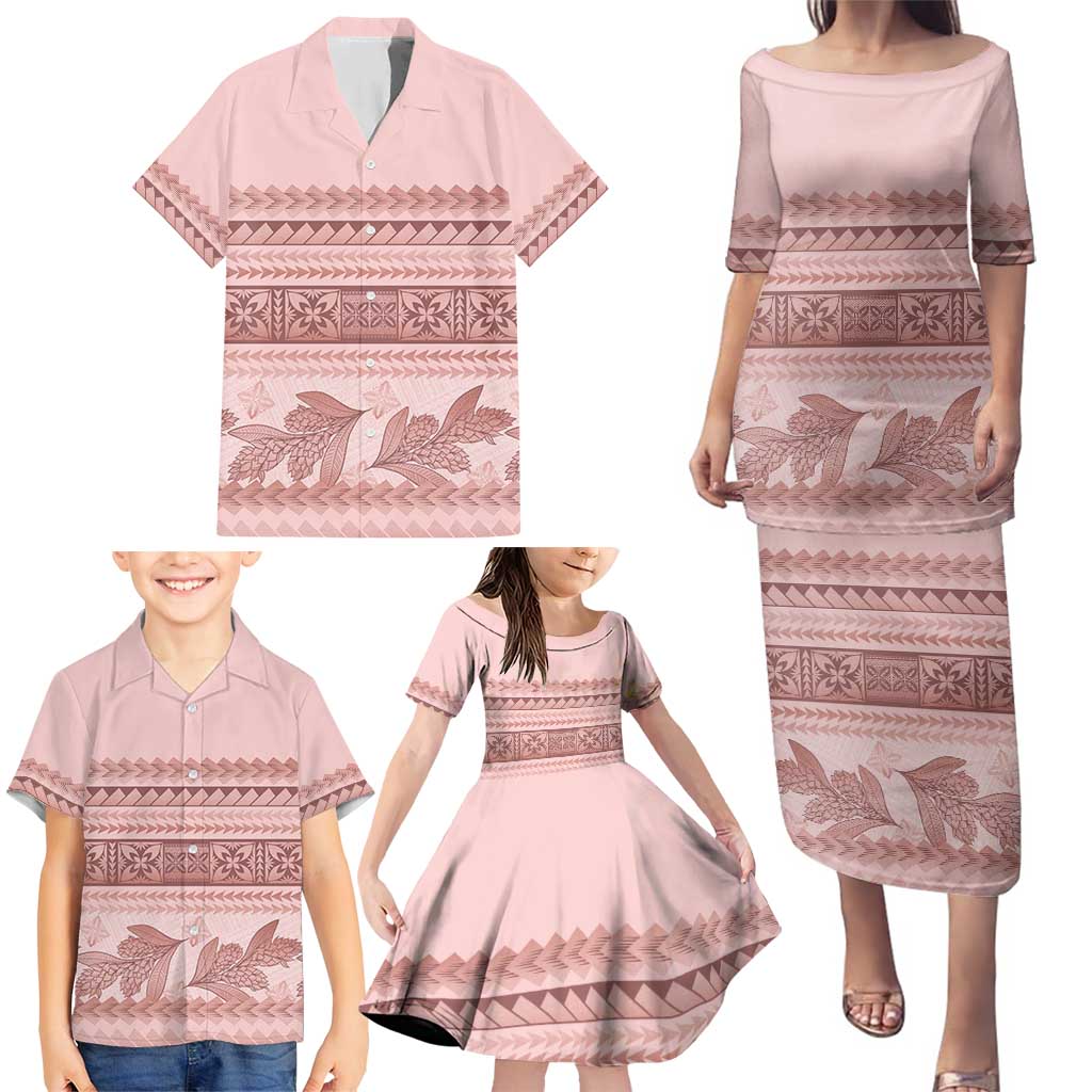 Pastel Pink Samoa Siapo Teuila Flowers Family Matching Puletasi and Hawaiian Shirt - Polynesian Pride