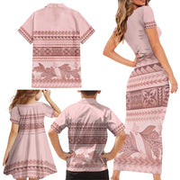 Pastel Pink Samoa Siapo Teuila Flowers Family Matching Short Sleeve Bodycon Dress and Hawaiian Shirt - Polynesian Pride