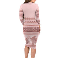 Pastel Pink Samoa Siapo Teuila Flowers Long Sleeve Bodycon Dress - Polynesian Pride