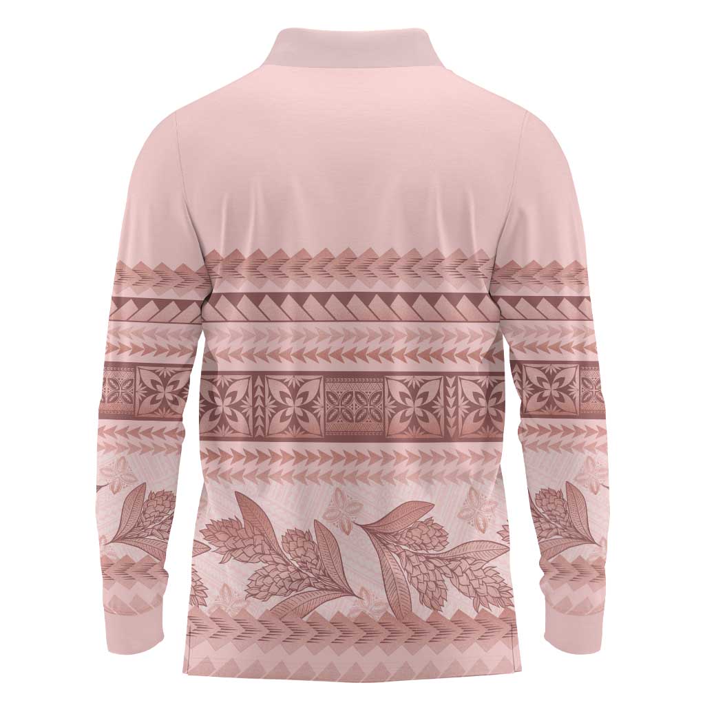 Pastel Pink Samoa Siapo Teuila Flowers Long Sleeve Polo Shirt - Polynesian Pride