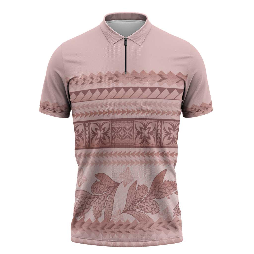 Pastel Pink Samoa Siapo Teuila Flowers Zipper Polo Shirt - Polynesian Pride
