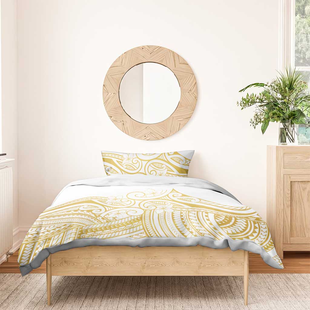 Polynesia White Sunday Bedding Set Plumeria Polynesian Tribal Gold Color - Polynesian Pride
