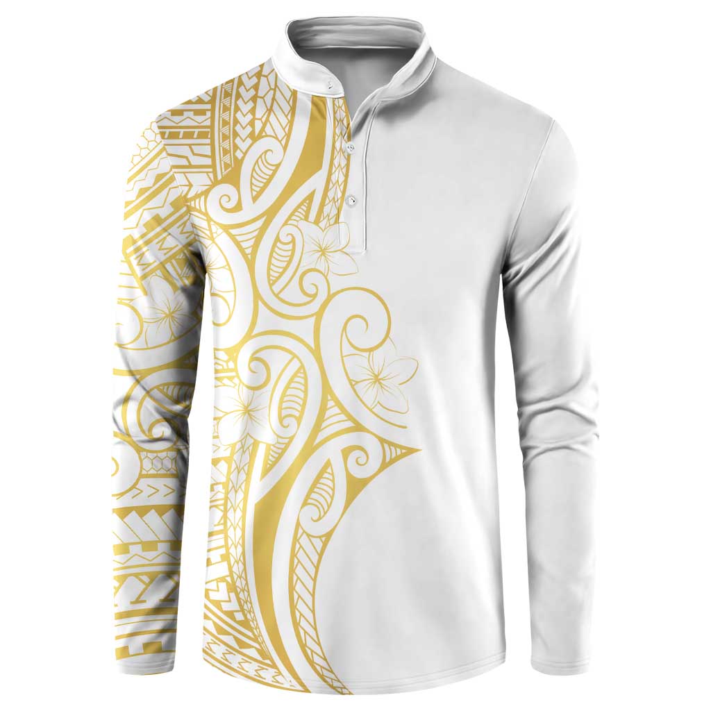 Polynesia White Sunday Button Sweatshirt Plumeria Polynesian Tribal Gold Color - Polynesian Pride