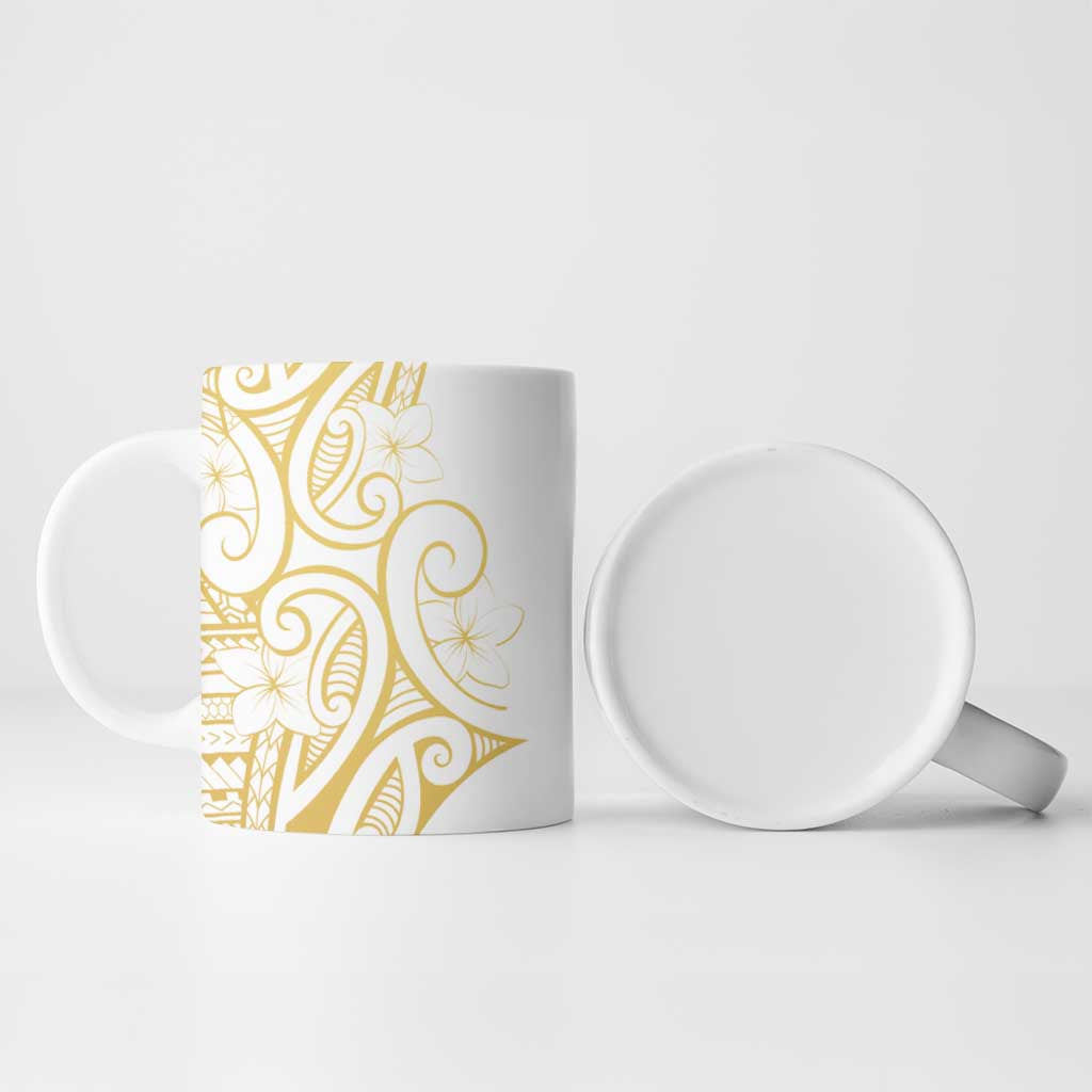 Polynesia White Sunday Ceramic Mug Plumeria Polynesian Tribal Gold Color - Polynesian Pride