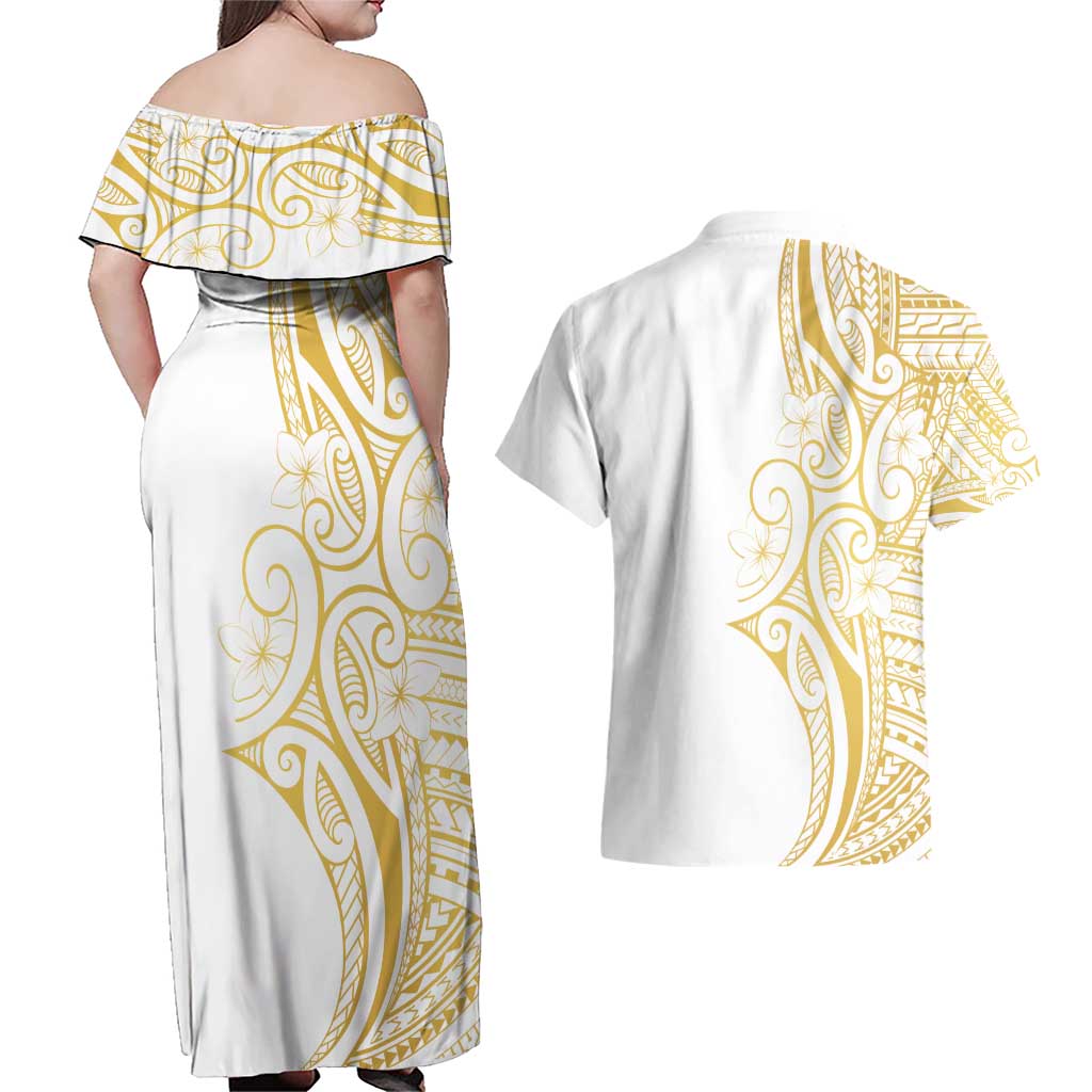 Polynesia White Sunday Couples Matching Off Shoulder Maxi Dress and Hawaiian Shirt Plumeria Polynesian Tribal Gold Color - Polynesian Pride