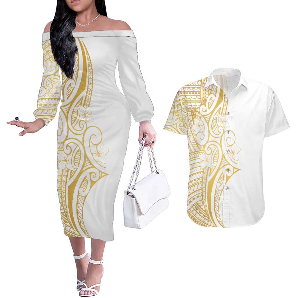 Polynesia White Sunday Couples Matching Off The Shoulder Long Sleeve Dress and Hawaiian Shirt Plumeria Polynesian Tribal Gold Color - Polynesian Pride