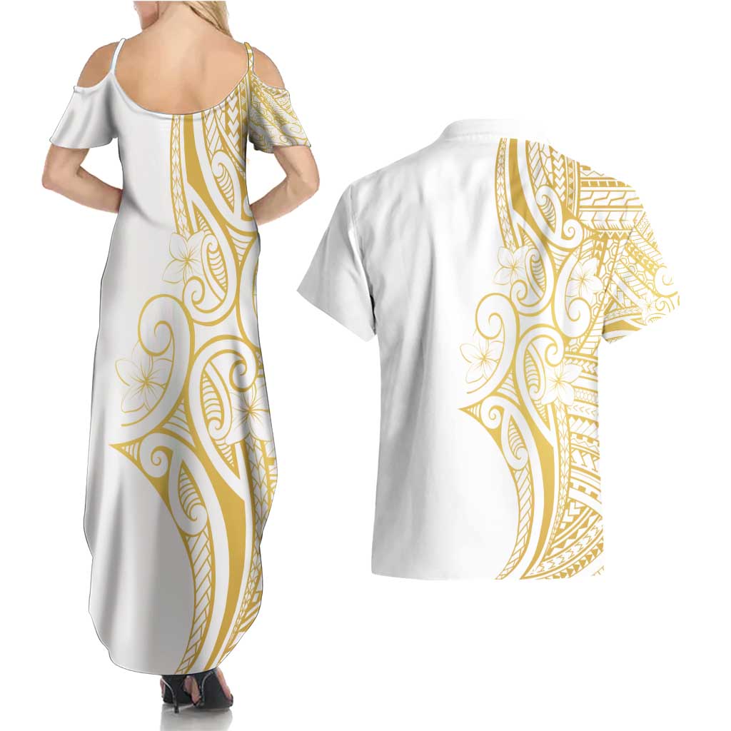 Polynesia White Sunday Couples Matching Summer Maxi Dress and Hawaiian Shirt Plumeria Polynesian Tribal Gold Color - Polynesian Pride