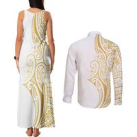 Polynesia White Sunday Couples Matching Tank Maxi Dress and Long Sleeve Button Shirt Plumeria Polynesian Tribal Gold Color - Polynesian Pride