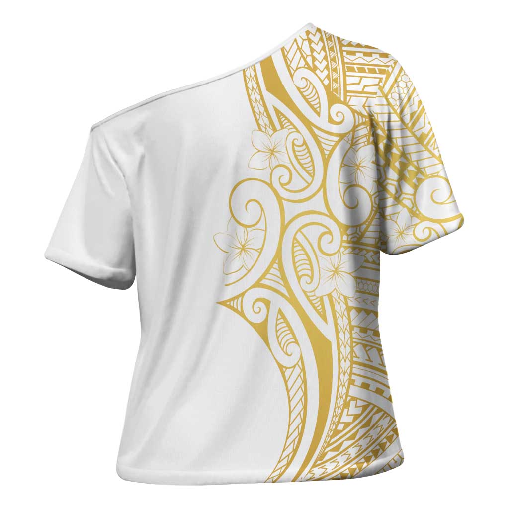 Polynesia White Sunday Cross Shoulder Shirt Plumeria Polynesian Tribal Gold Color - Polynesian Pride