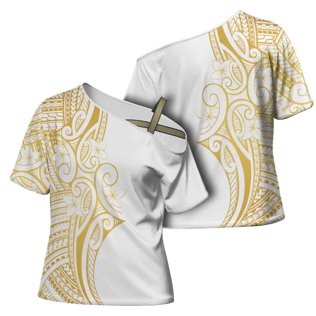 Polynesia White Sunday Cross Shoulder Shirt Plumeria Polynesian Tribal Gold Color - Polynesian Pride