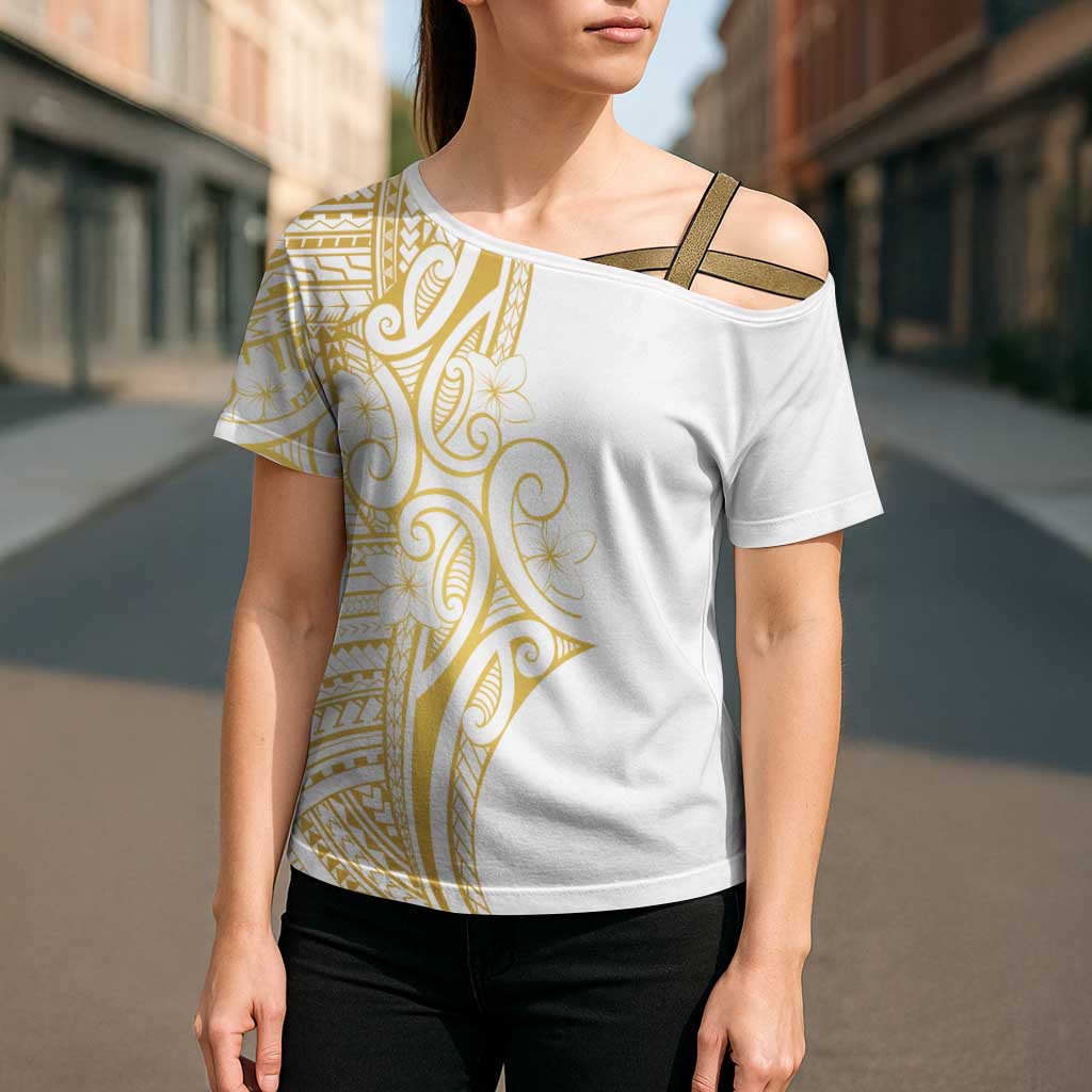 Polynesia White Sunday Cross Shoulder Shirt Plumeria Polynesian Tribal Gold Color - Polynesian Pride