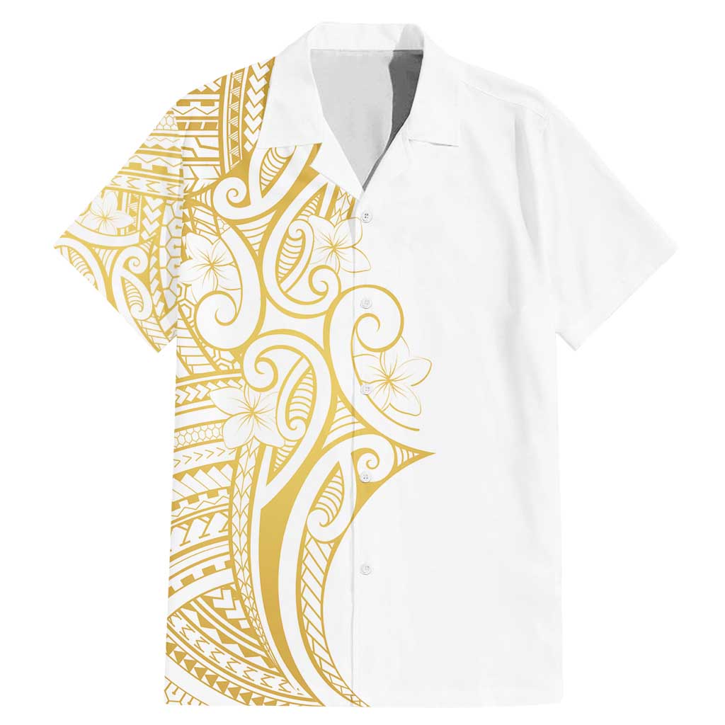 Polynesia White Sunday Family Matching Mermaid Dress and Hawaiian Shirt Plumeria Polynesian Tribal Gold Color - Polynesian Pride