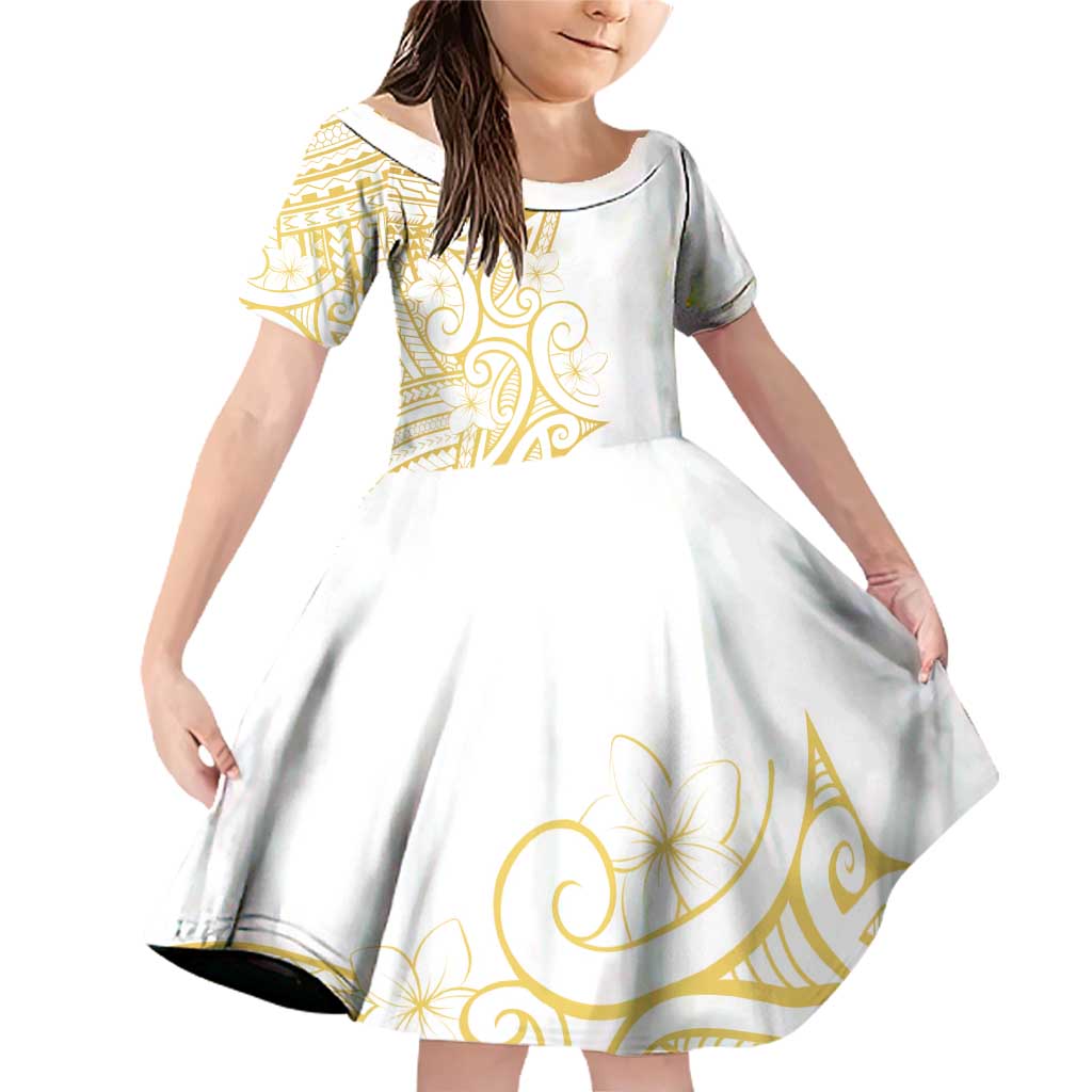 Polynesia White Sunday Family Matching Off Shoulder Short Dress and Hawaiian Shirt Plumeria Polynesian Tribal Gold Color - Polynesian Pride