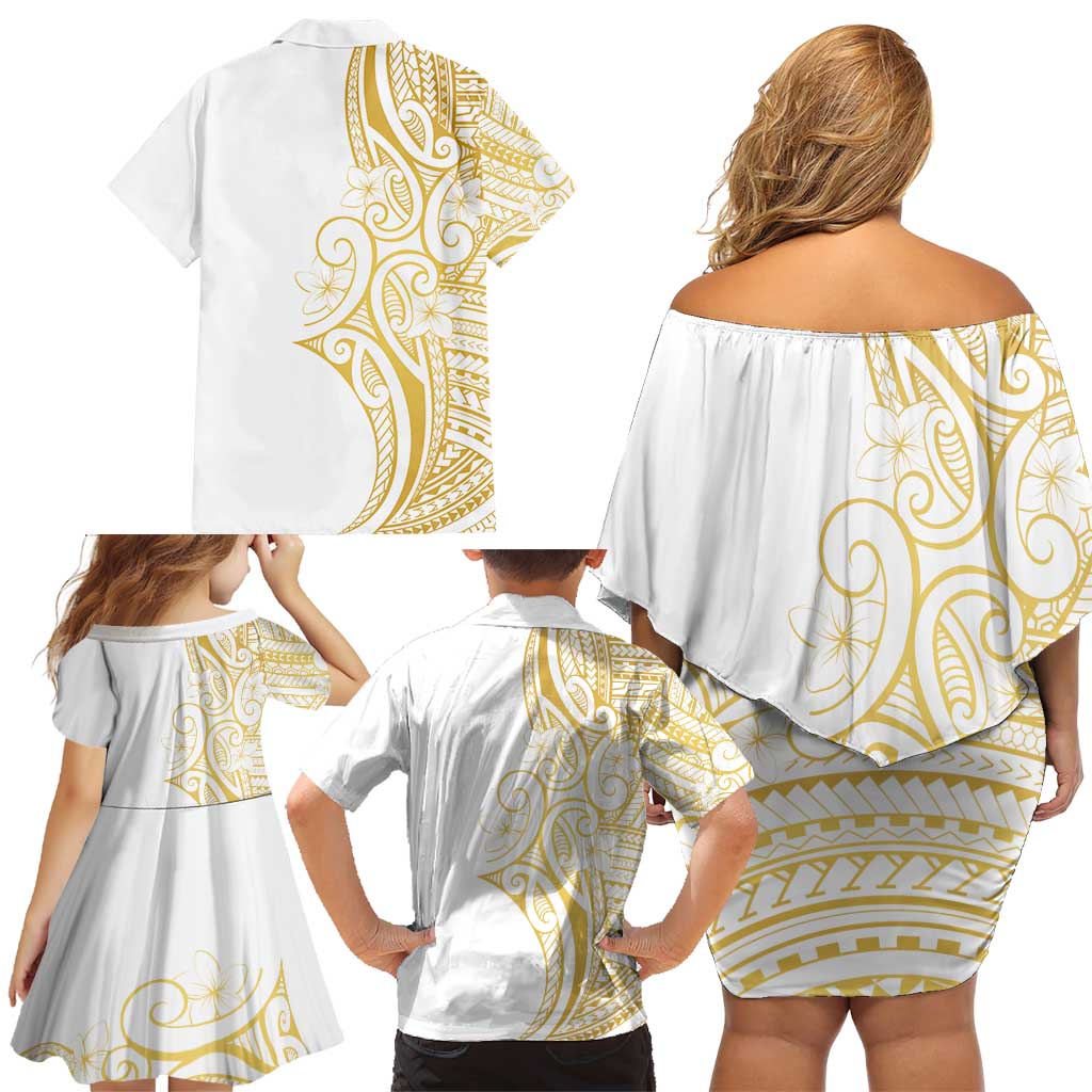 Polynesia White Sunday Family Matching Off Shoulder Short Dress and Hawaiian Shirt Plumeria Polynesian Tribal Gold Color - Polynesian Pride