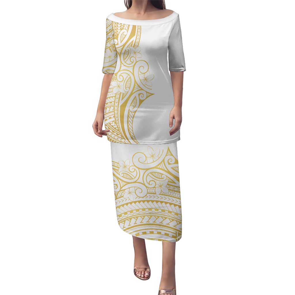 Polynesia White Sunday Family Matching Puletasi and Hawaiian Shirt Plumeria Polynesian Tribal Gold Color - Polynesian Pride