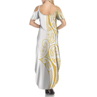 Polynesia White Sunday Family Matching Summer Maxi Dress and Hawaiian Shirt Plumeria Polynesian Tribal Gold Color - Polynesian Pride