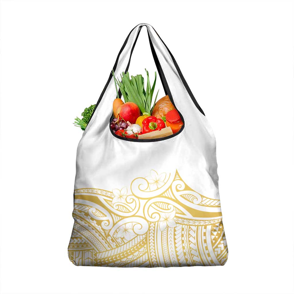 Polynesia White Sunday Grocery Bag Plumeria Polynesian Tribal Gold Color - Polynesian Pride