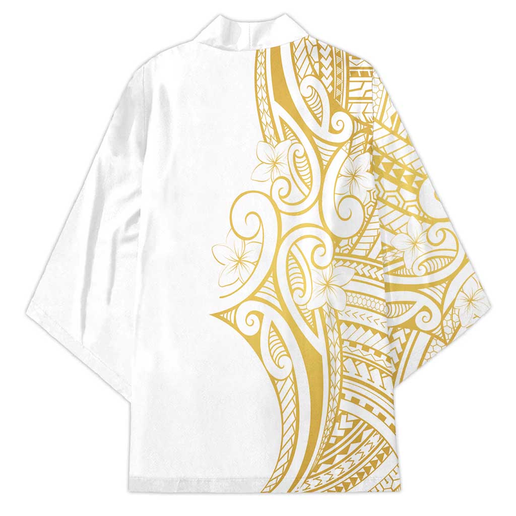 Polynesia White Sunday Kimono Plumeria Polynesian Tribal Gold Color - Polynesian Pride