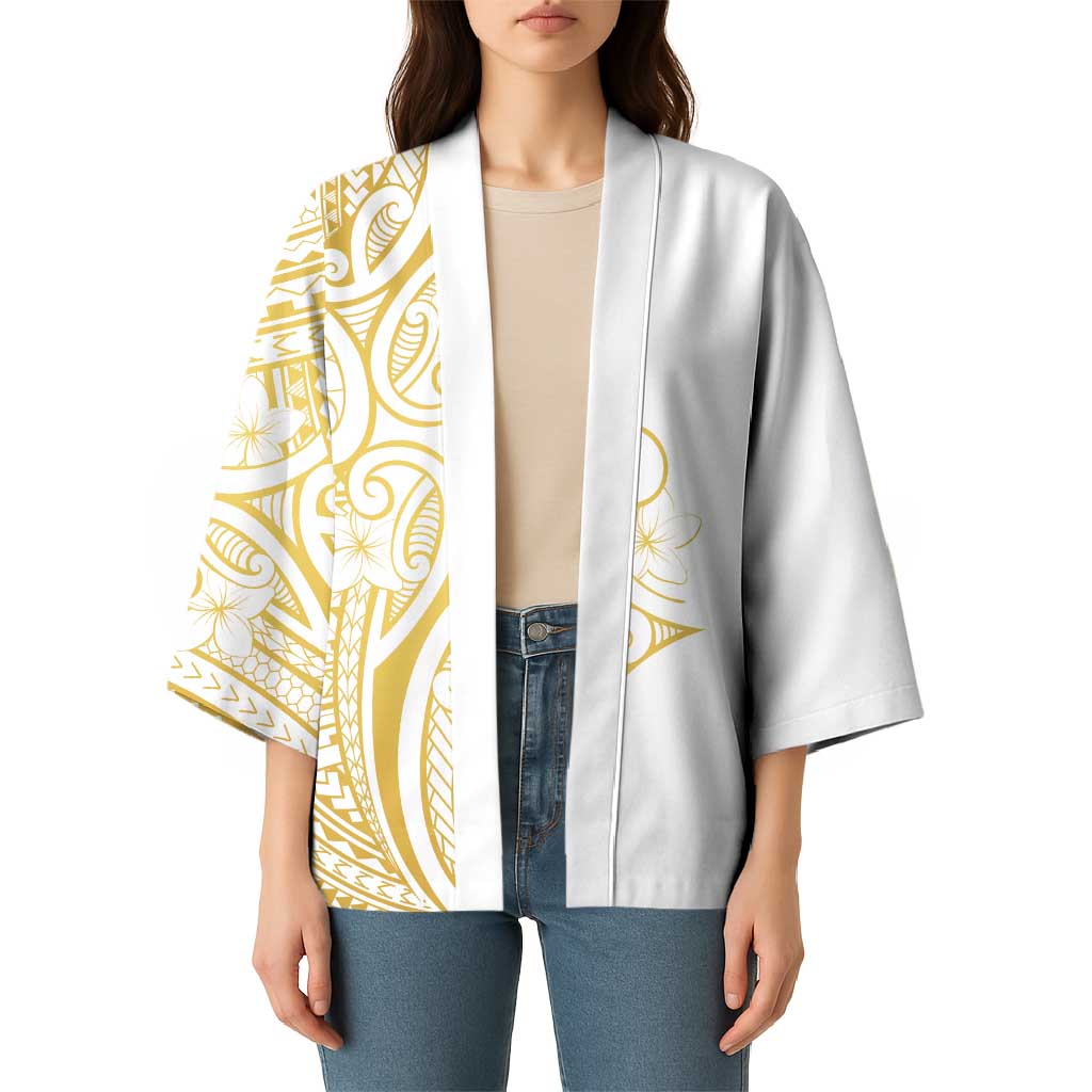 Polynesia White Sunday Kimono Plumeria Polynesian Tribal Gold Color - Polynesian Pride
