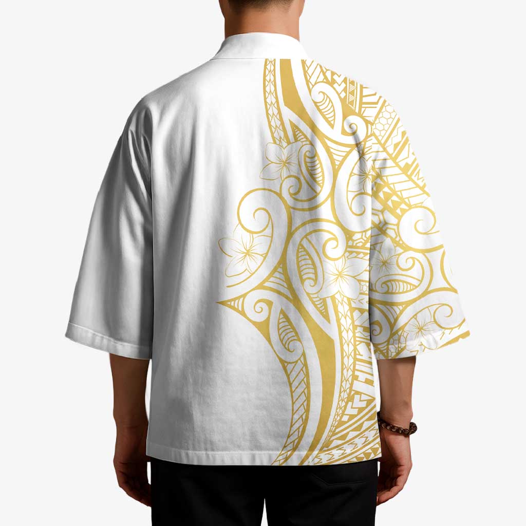 Polynesia White Sunday Kimono Plumeria Polynesian Tribal Gold Color - Polynesian Pride