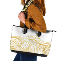 Polynesia White Sunday Leather Tote Bag Plumeria Polynesian Tribal Gold Color - Polynesian Pride