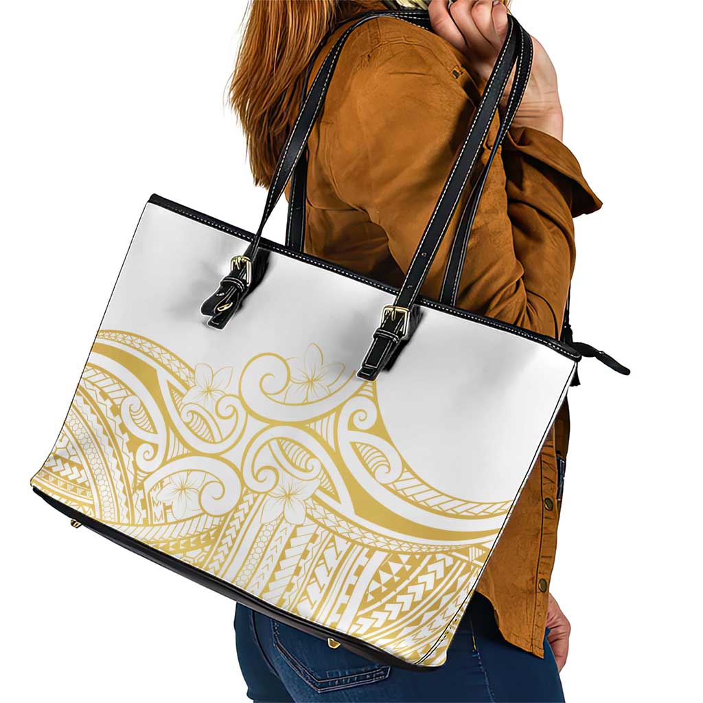 Polynesia White Sunday Leather Tote Bag Plumeria Polynesian Tribal Gold Color - Polynesian Pride