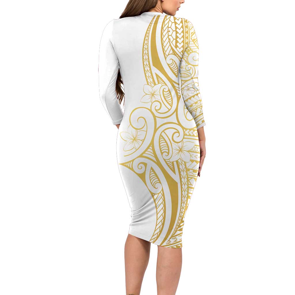 Polynesia White Sunday Long Sleeve Bodycon Dress Plumeria Polynesian Tribal Gold Color - Polynesian Pride