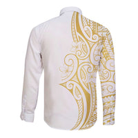 Polynesia White Sunday Long Sleeve Button Shirt Plumeria Polynesian Tribal Gold Color - Polynesian Pride