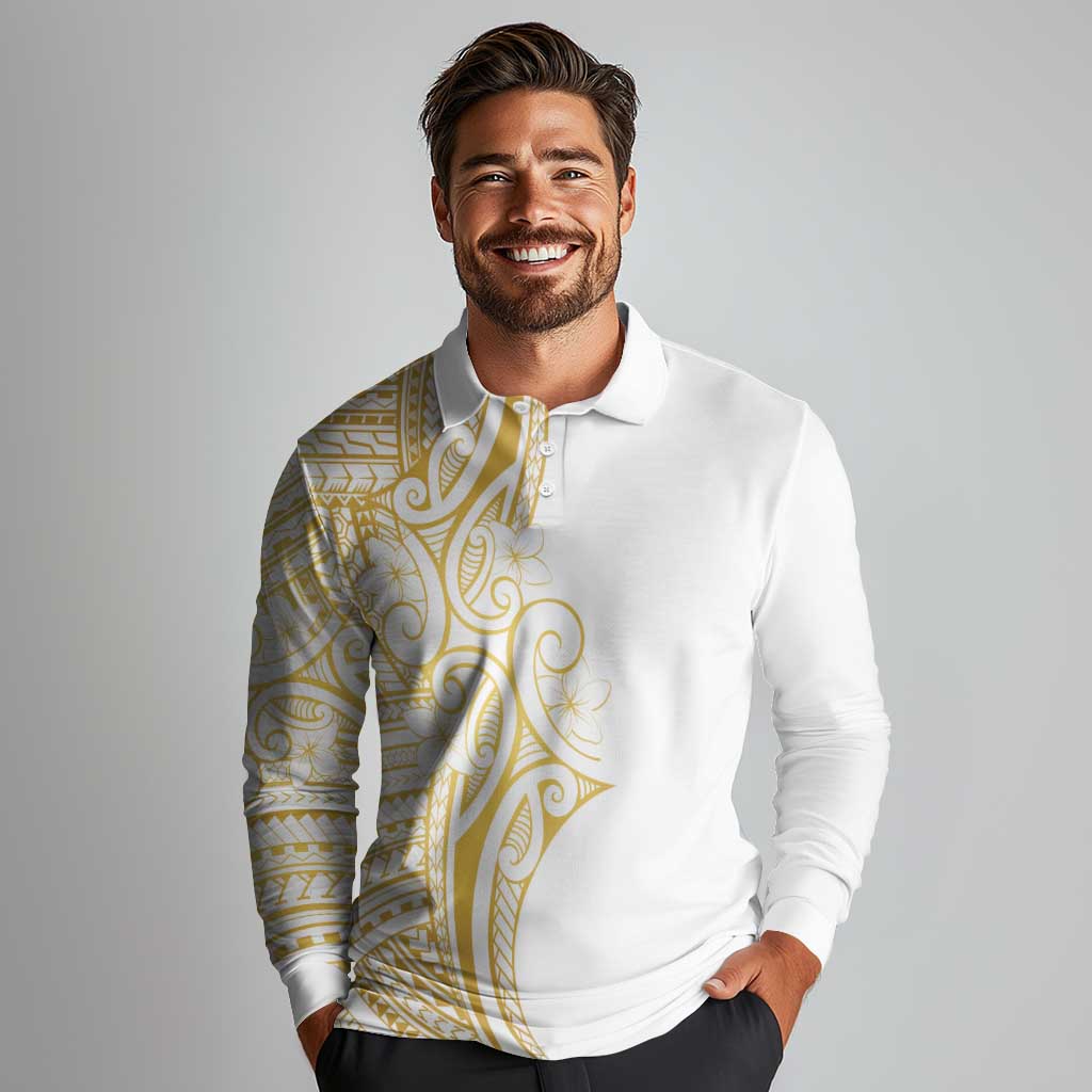 Polynesia White Sunday Long Sleeve Polo Shirt Plumeria Polynesian Tribal Gold Color - Polynesian Pride