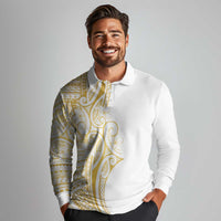 Polynesia White Sunday Long Sleeve Polo Shirt Plumeria Polynesian Tribal Gold Color - Polynesian Pride