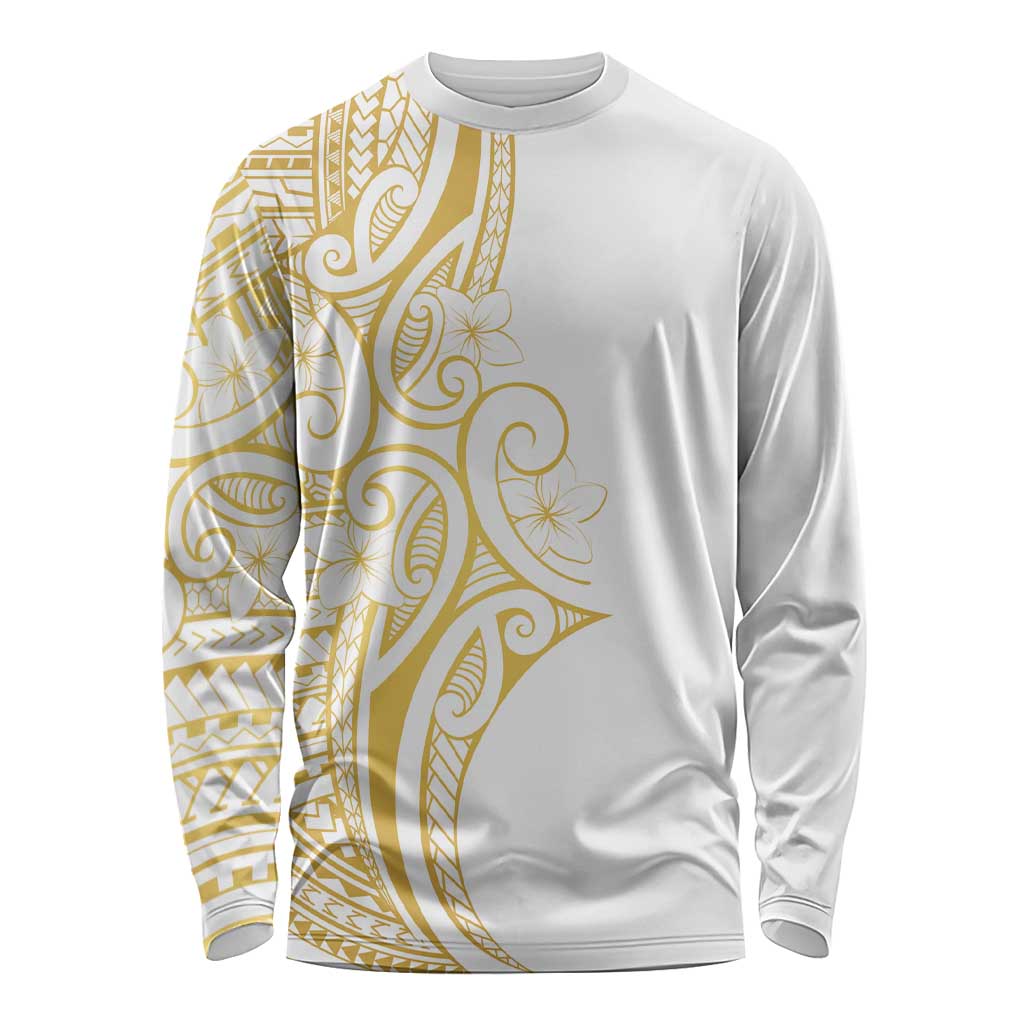 Polynesia White Sunday Long Sleeve Shirt Plumeria Polynesian Tribal Gold Color - Polynesian Pride