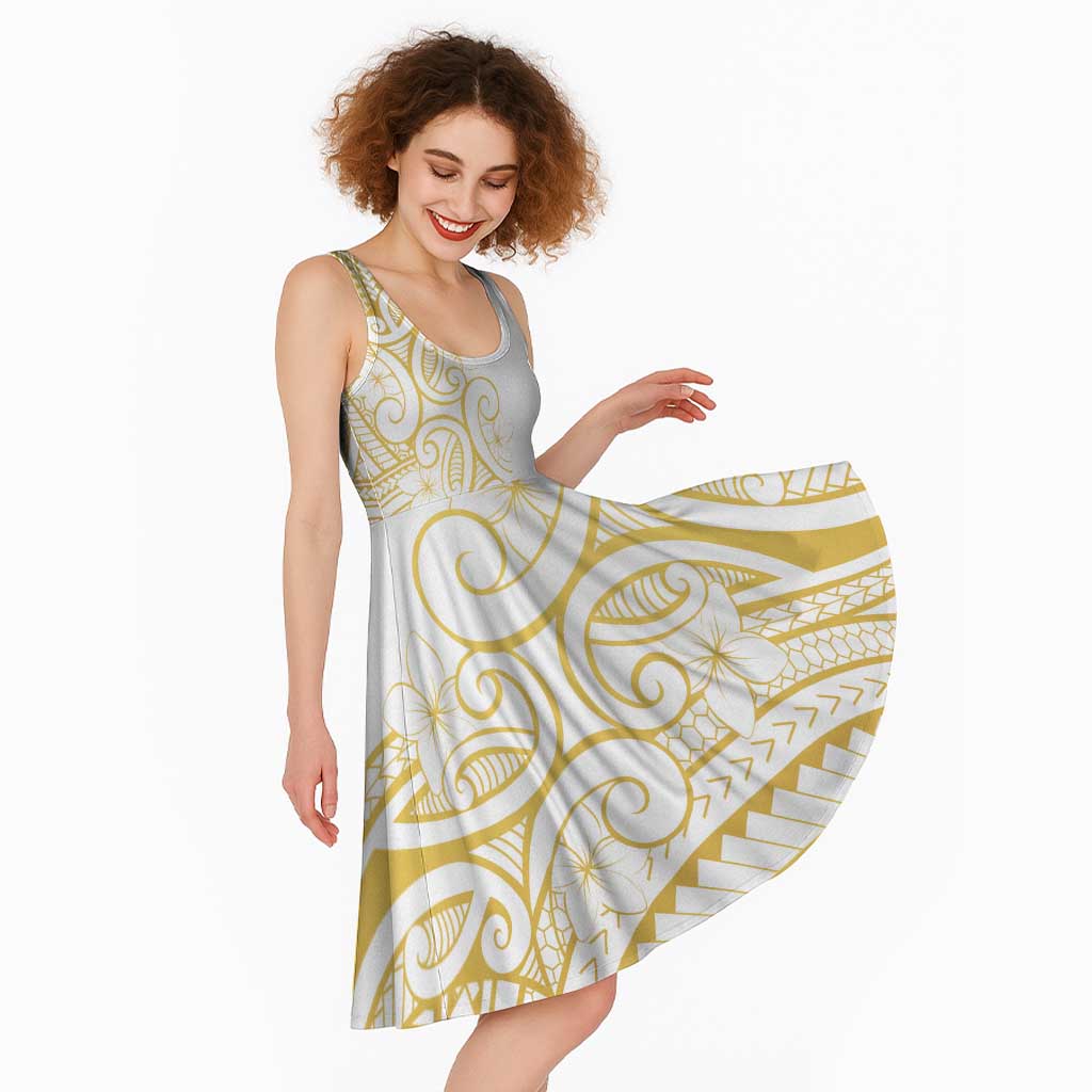 Polynesia White Sunday Midi Dress Plumeria Polynesian Tribal Gold Color - Polynesian Pride