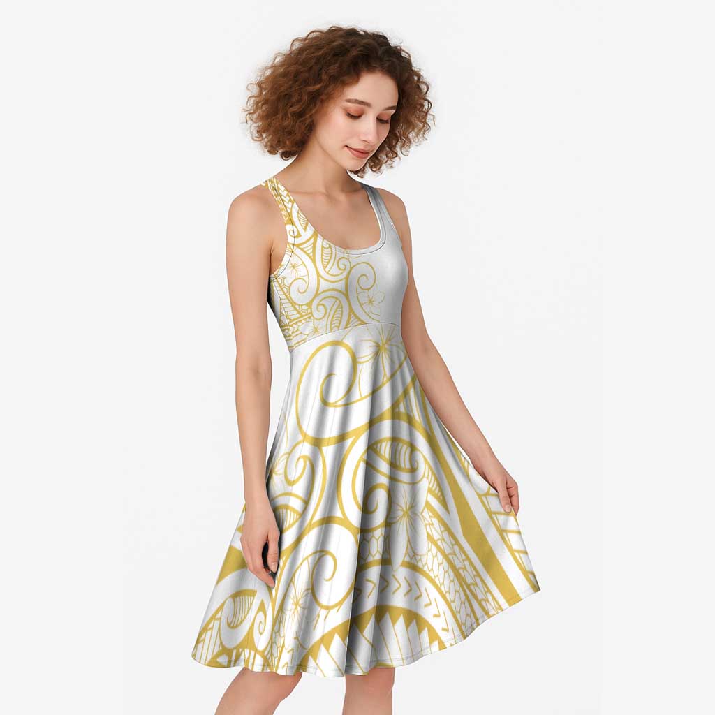 Polynesia White Sunday Midi Dress Plumeria Polynesian Tribal Gold Color - Polynesian Pride