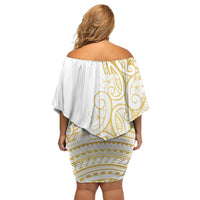 Polynesia White Sunday Off Shoulder Short Dress Plumeria Polynesian Tribal Gold Color - Polynesian Pride