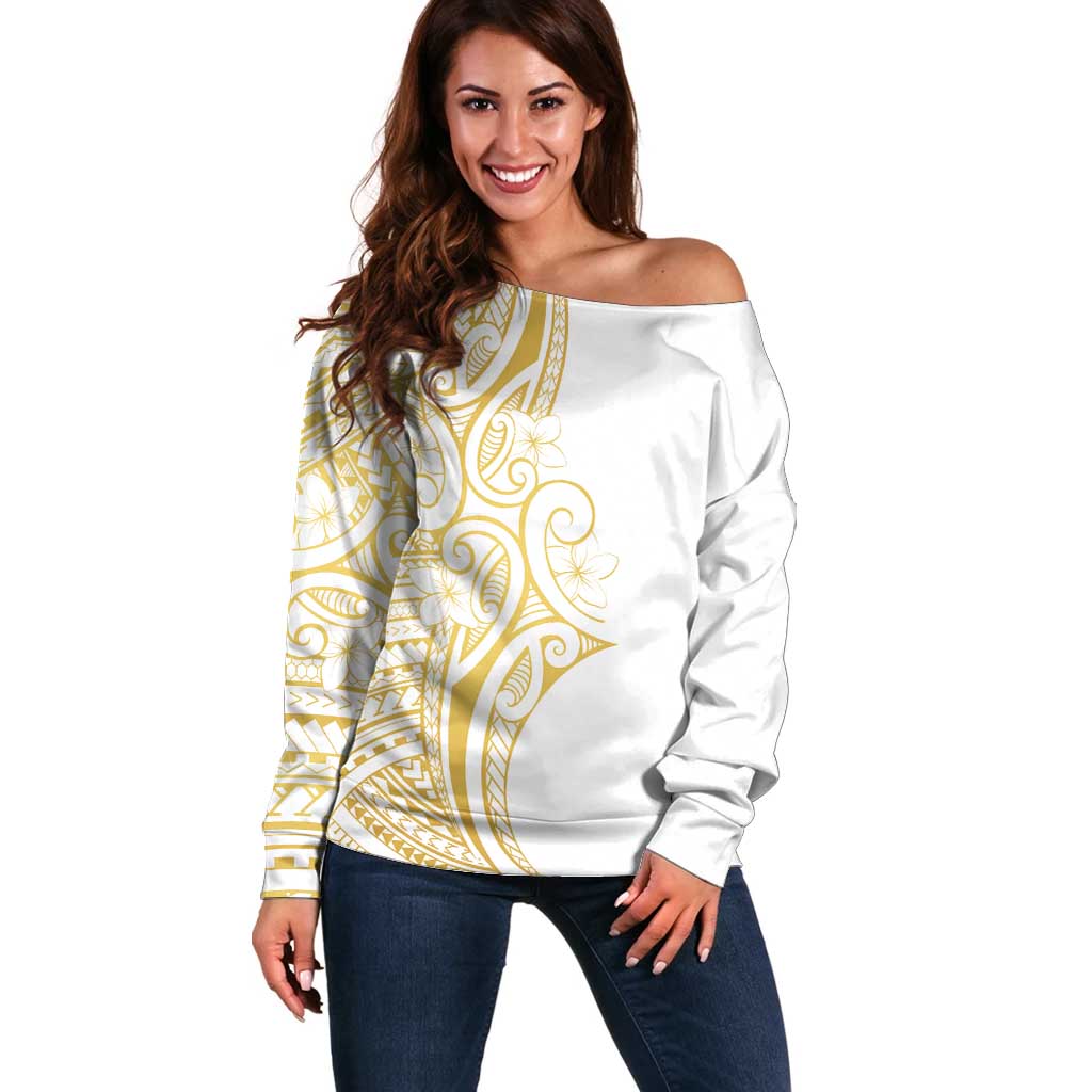 Polynesia White Sunday Off Shoulder Sweater Plumeria Polynesian Tribal Gold Color - Polynesian Pride