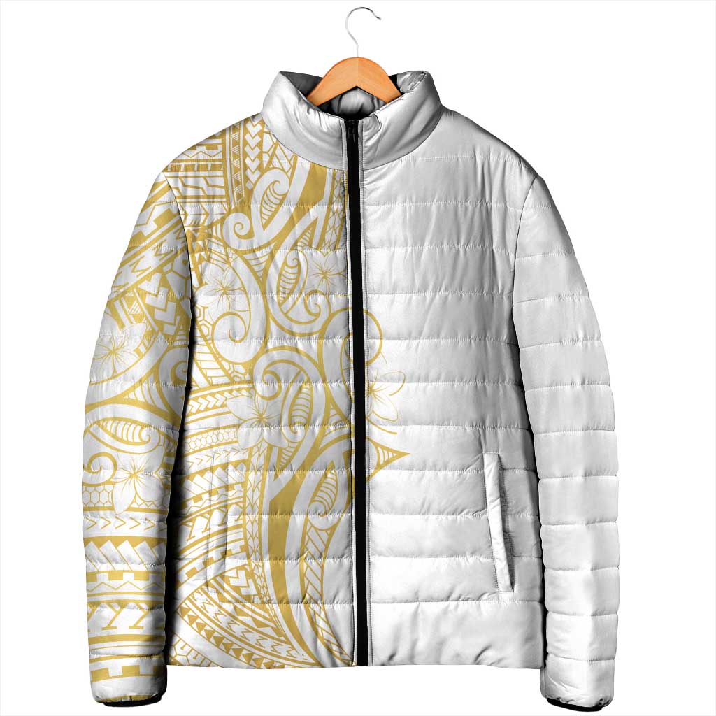 Polynesia White Sunday Padded Jacket Plumeria Polynesian Tribal Gold Color - Polynesian Pride