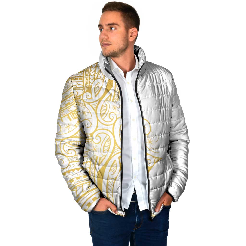 Polynesia White Sunday Padded Jacket Plumeria Polynesian Tribal Gold Color - Polynesian Pride