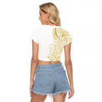 Polynesia White Sunday Raglan Cropped T Shirt Plumeria Polynesian Tribal Gold Color - Polynesian Pride