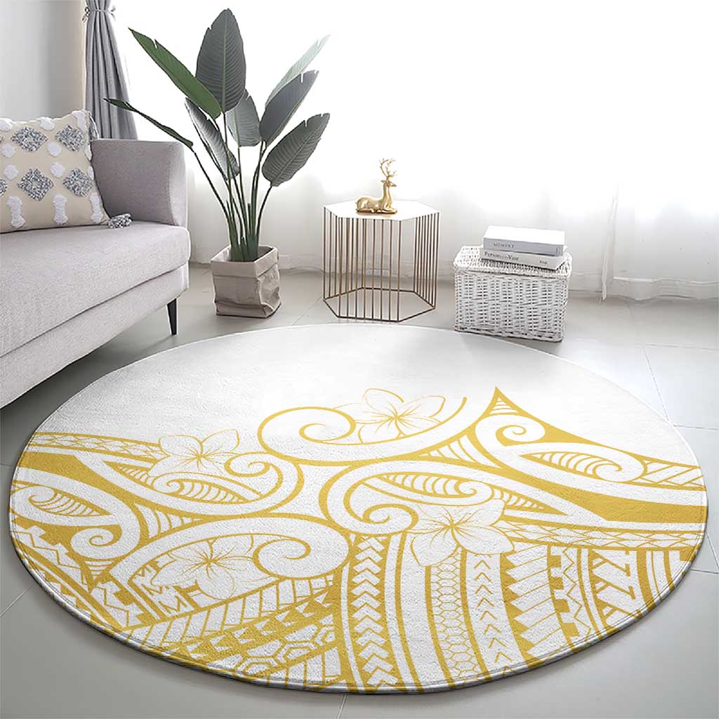 Polynesia White Sunday Round Carpet Plumeria Polynesian Tribal Gold Color - Polynesian Pride