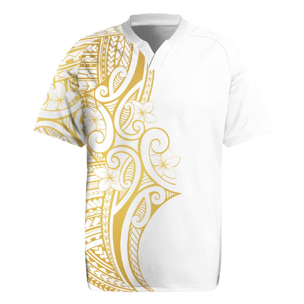 Polynesia White Sunday Rugby Jersey Plumeria Polynesian Tribal Gold Color - Polynesian Pride