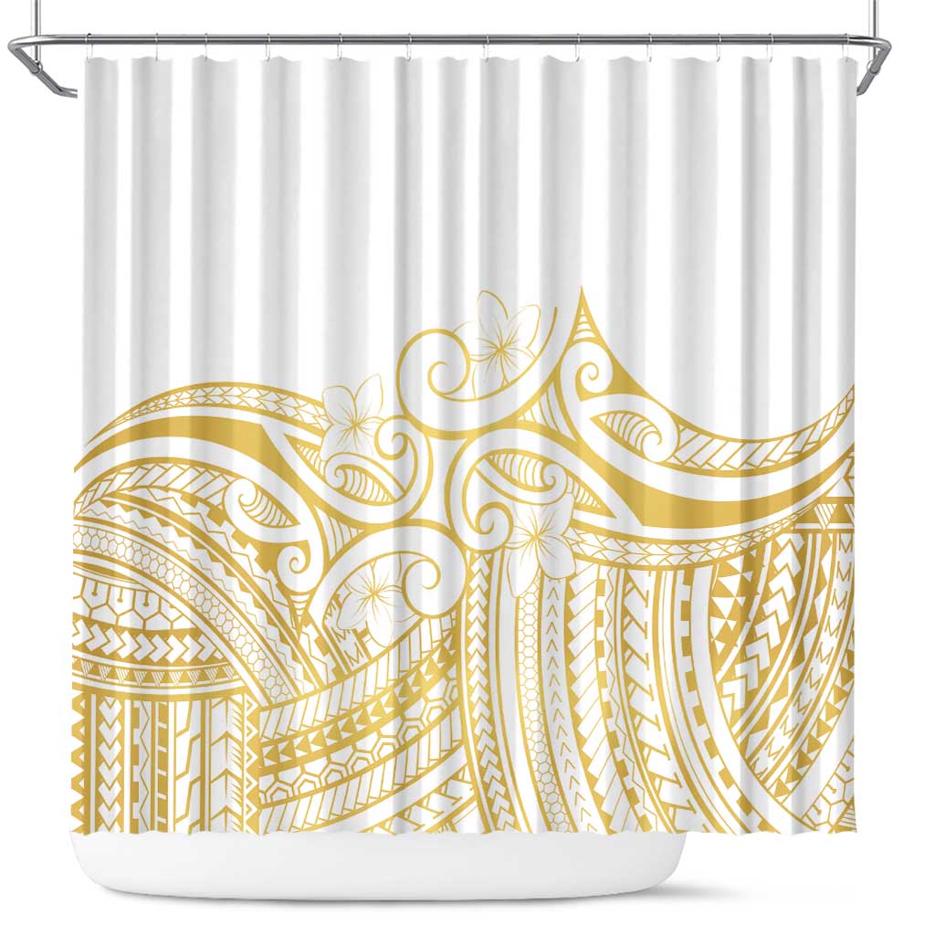 Polynesia White Sunday Shower Curtain Plumeria Polynesian Tribal Gold Color - Polynesian Pride