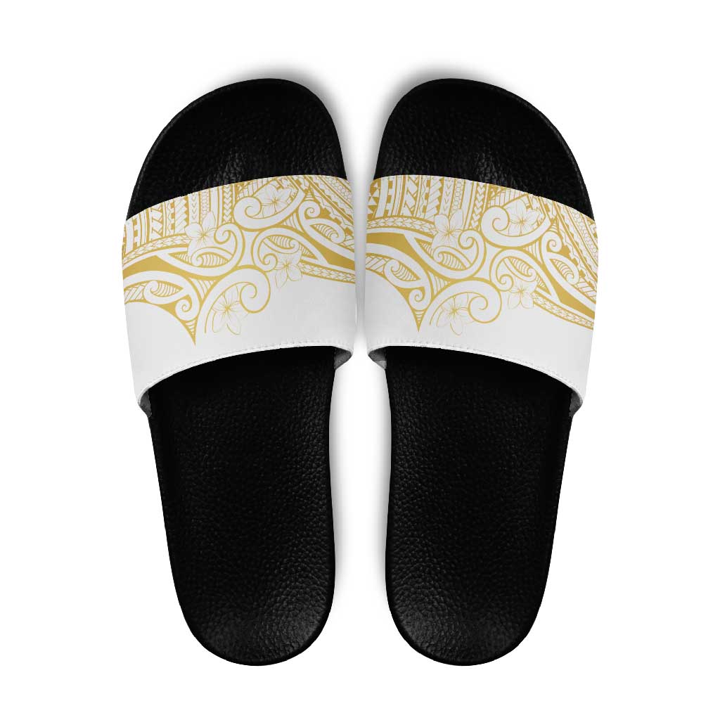 Polynesia White Sunday Slide Sandals Plumeria Polynesian Tribal Gold Color - Polynesian Pride