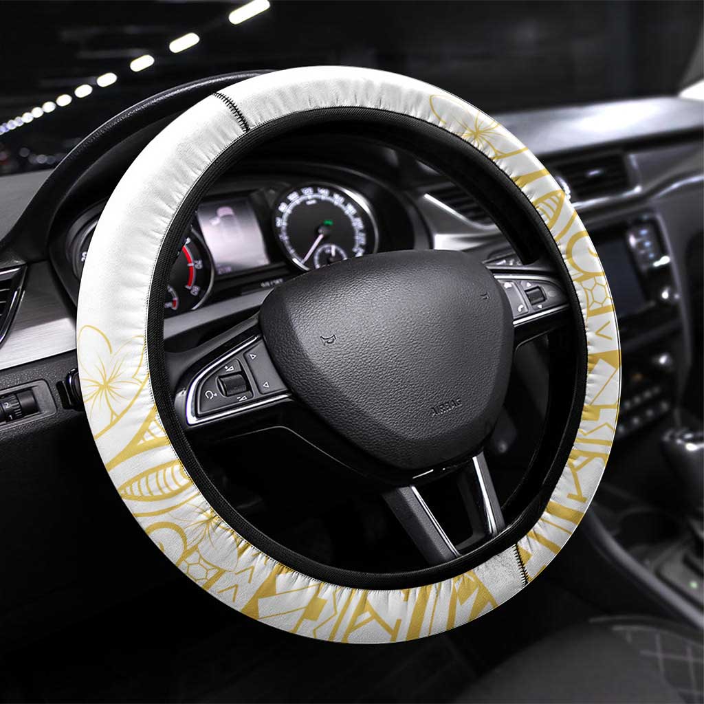 Polynesia White Sunday Steering Wheel Cover Plumeria Polynesian Tribal Gold Color - Polynesian Pride