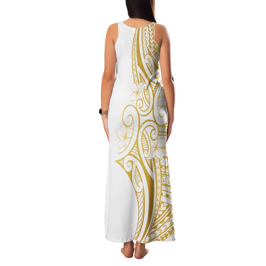 Polynesia White Sunday Tank Maxi Dress Plumeria Polynesian Tribal Gold Color - Polynesian Pride