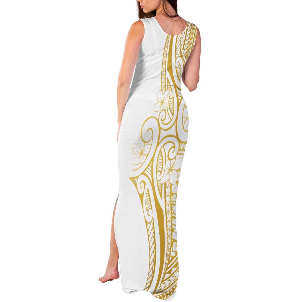 Polynesia White Sunday Tank Maxi Dress Plumeria Polynesian Tribal Gold Color - Polynesian Pride