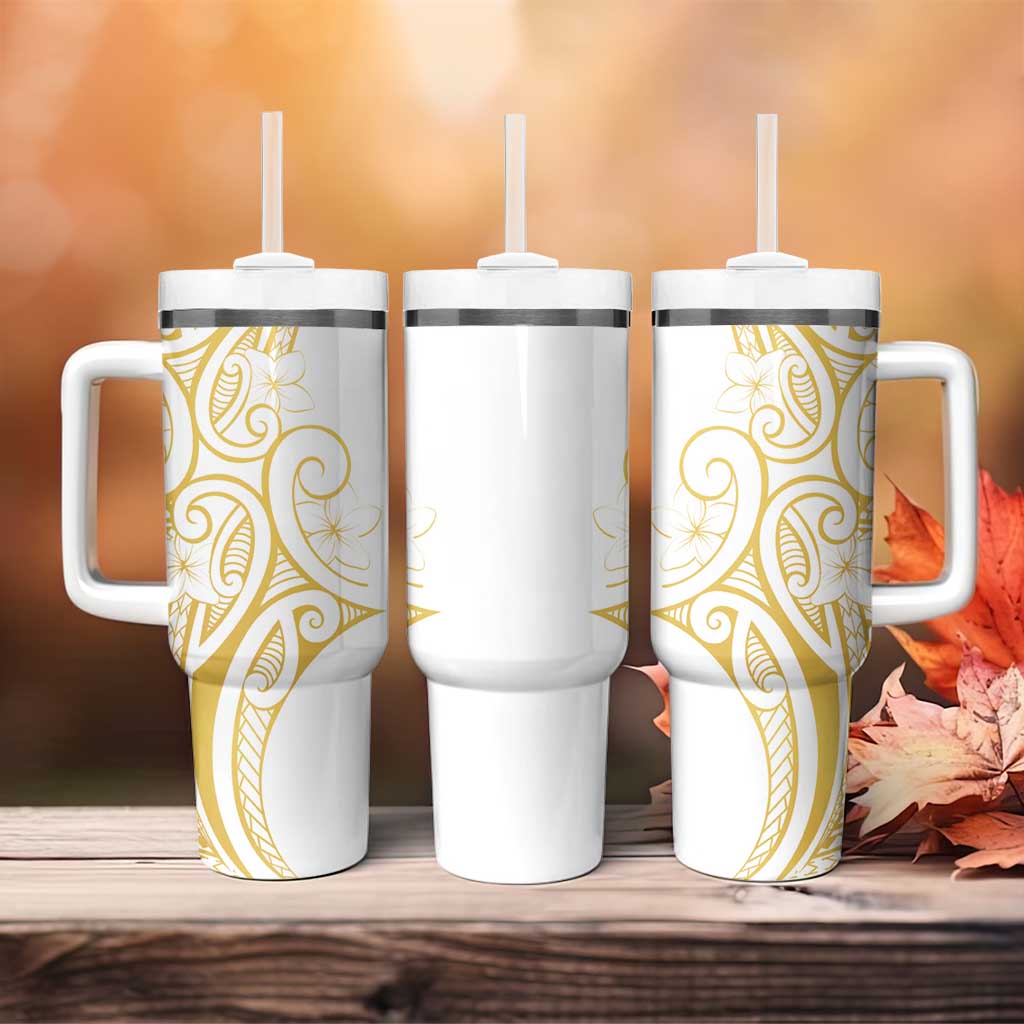 Polynesia White Sunday Tumbler With Handle Plumeria Polynesian Tribal Gold Color - Polynesian Pride